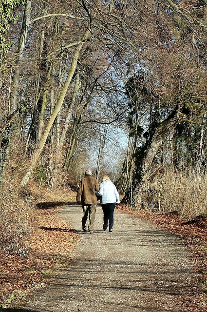 older adults walking together outdoors on a calm path