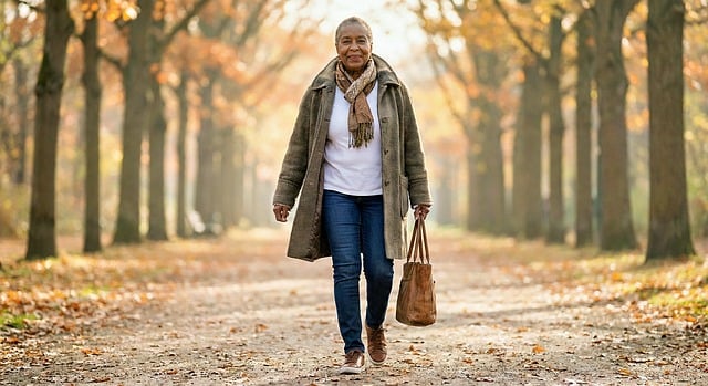 older adults smiling while walking together outdoors on a calm path